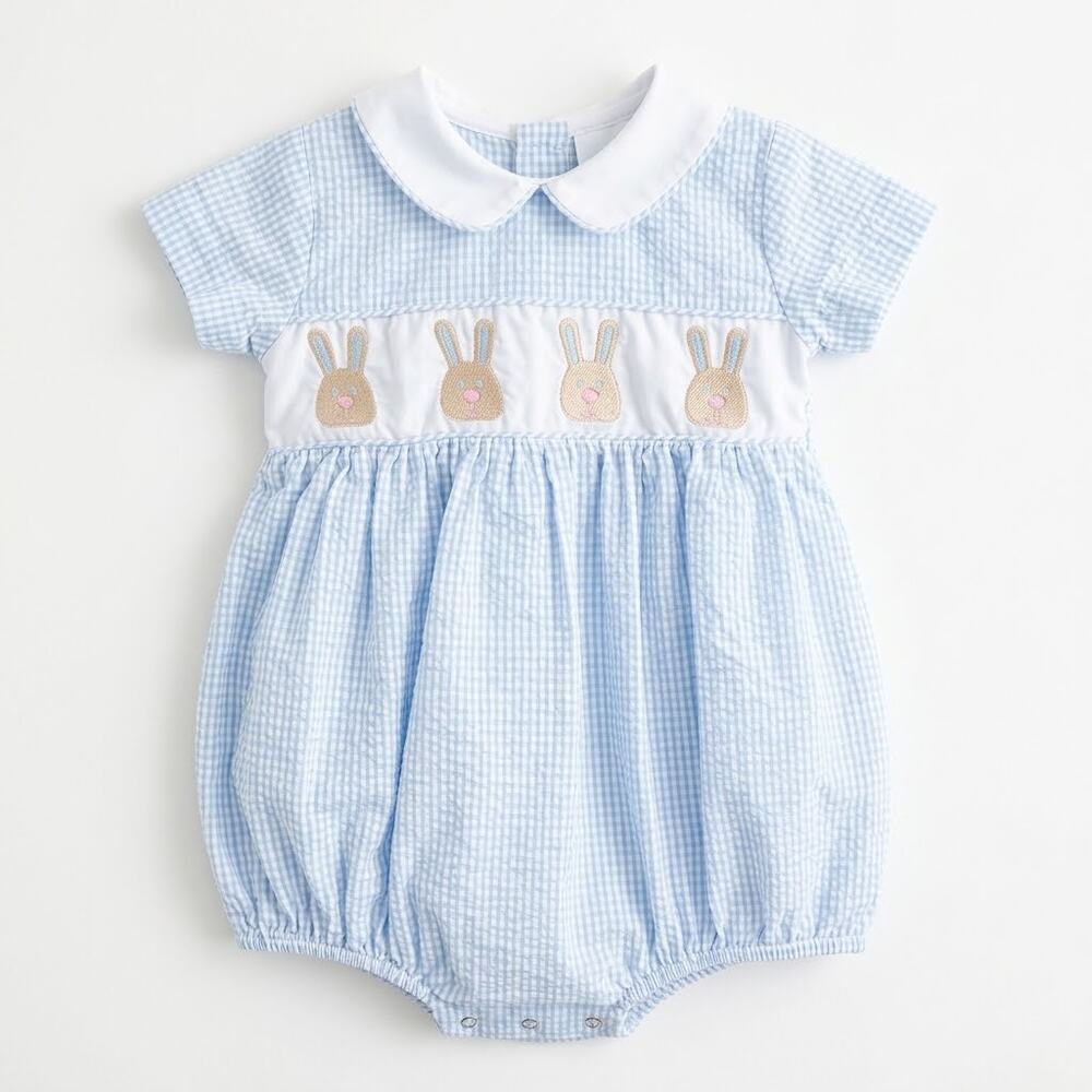 LuLu Bebe Seersucker Easter Bunny Romper Blue Peter Pan Collar Smocked Baby 9M